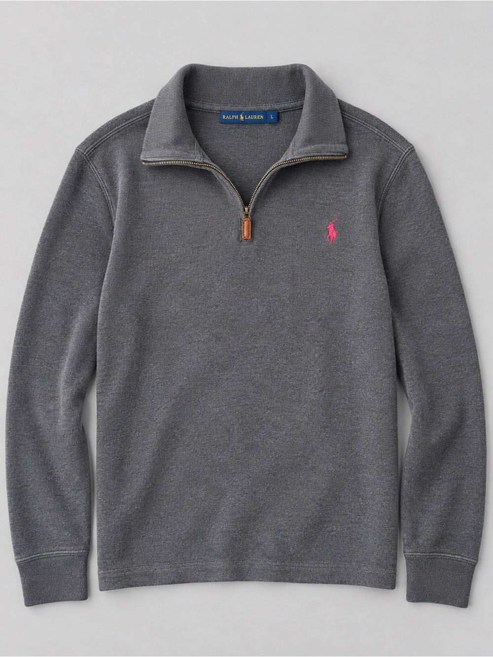 Ralph Lauren Men’s Charcoal Quarter-Zip Sweater with Pink Polo Logo